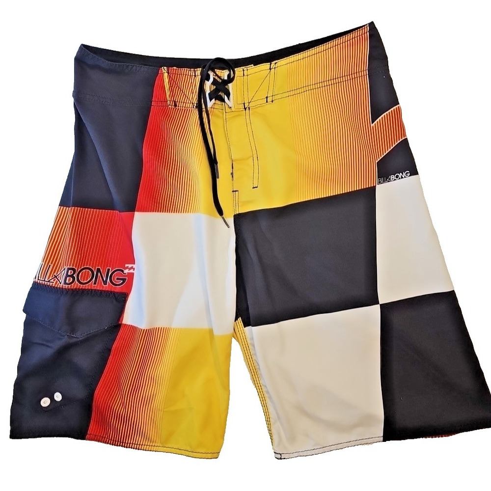Vtg Billabong Aussie Boardshorts Sz 32/33 Yellow Orange Black White Colorblock